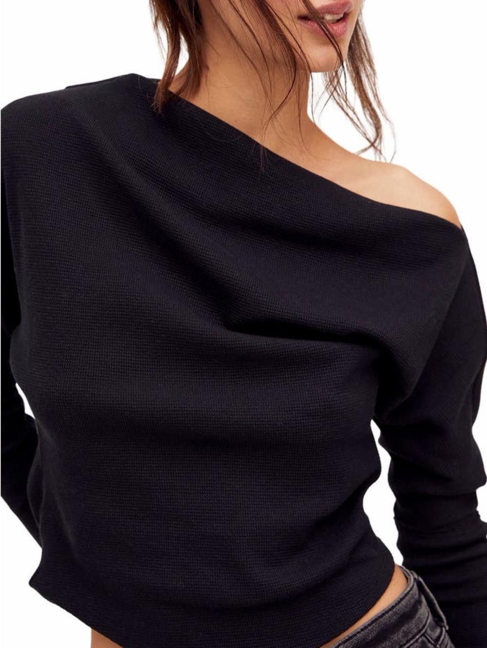 Free People We the Free Fuji Off the Shoulder Thermal Top in Black size L
